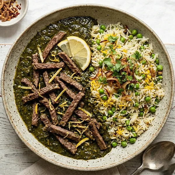 Slow-Cooked Beef Mloukhieh And Peas Pilaf